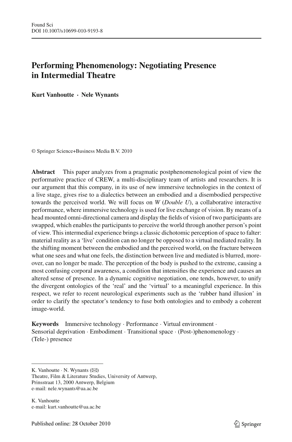 Performing Phenomenology: Negotiating Presence in Intermedial Theatre