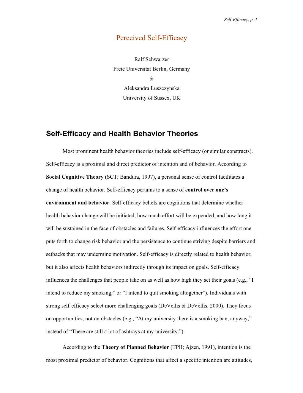 Perceived Self-Efficacy Self-Efficacy and Health Behavior Theories