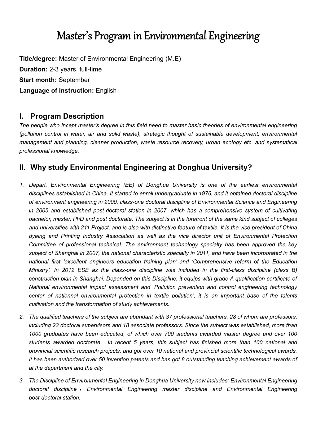 Master's Program in Environmental Engineering