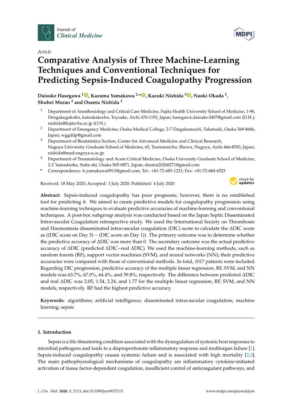 Comparative Analysis of Three Machine-Learning Techniques and Conventional Techniques for Predicting Sepsis-Induced Coagulopathy Progression