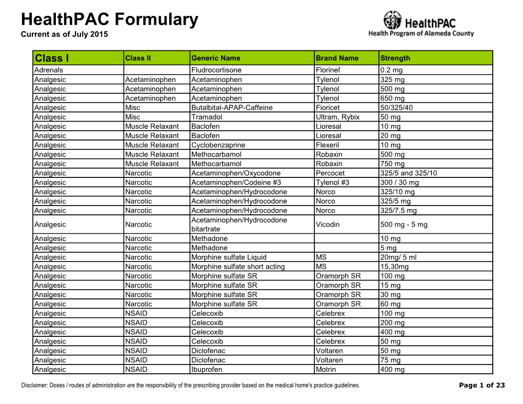 Healthpac Formulary Current As of July 2015