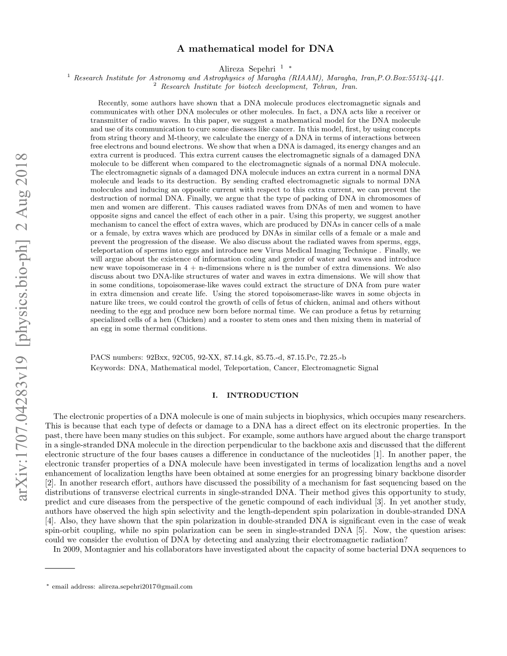 A Mathematical Model for DNA