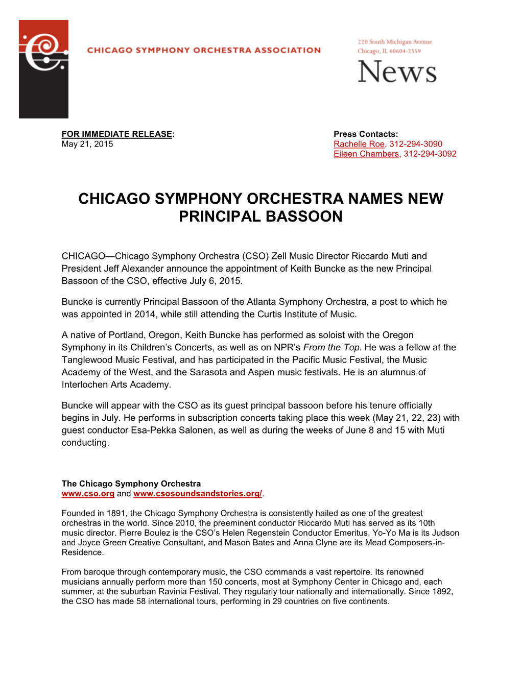 Chicago Symphony Orchestra Names New Principal Bassoon