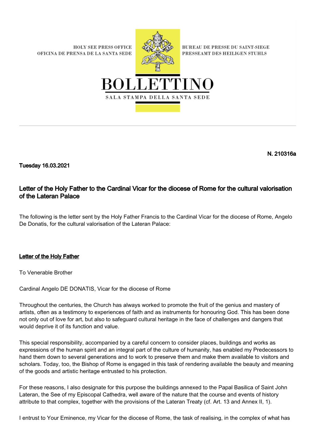 Letter of the Holy Father to the Cardinal Vicar for the Diocese of Rome for the Cultural Valorisation of the Lateran Palace