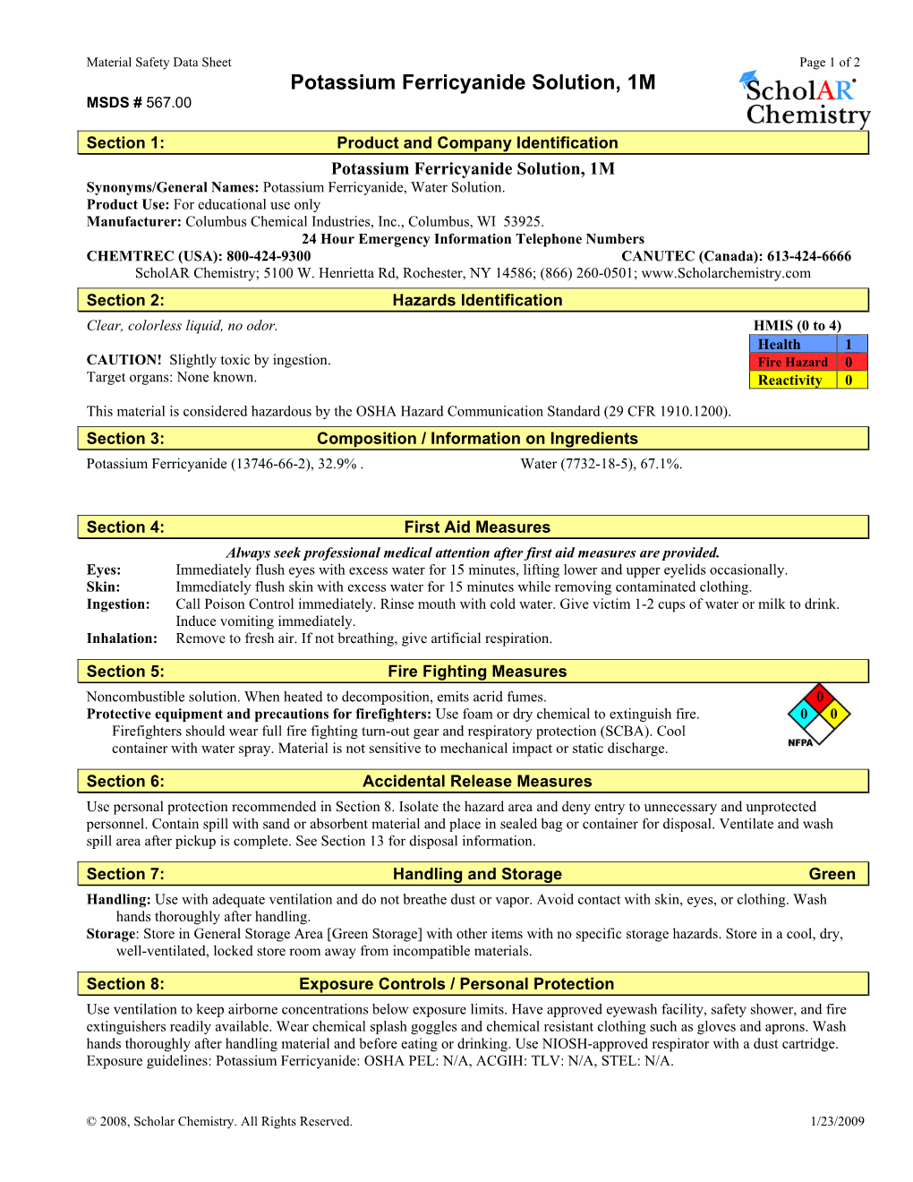 Potassium Ferricyanide Solution, 1M MSDS # 567.00