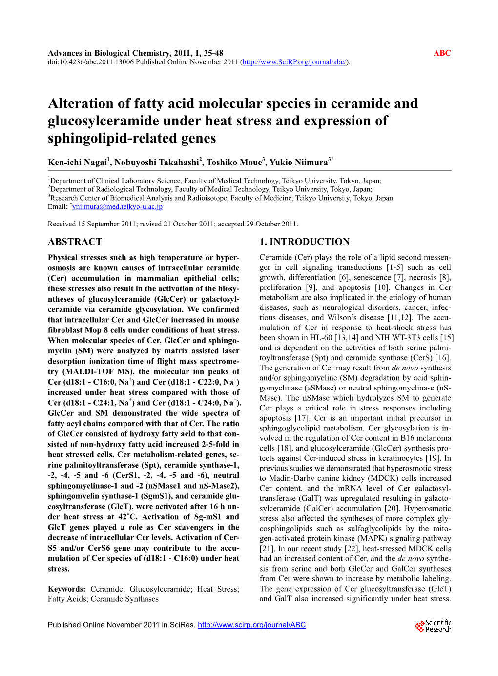 Alteration of Fatty Acid Molecular Species in Ceramide and Glucosylceramide Under Heat Stress and Expression of Sphingolipid-Related Genes