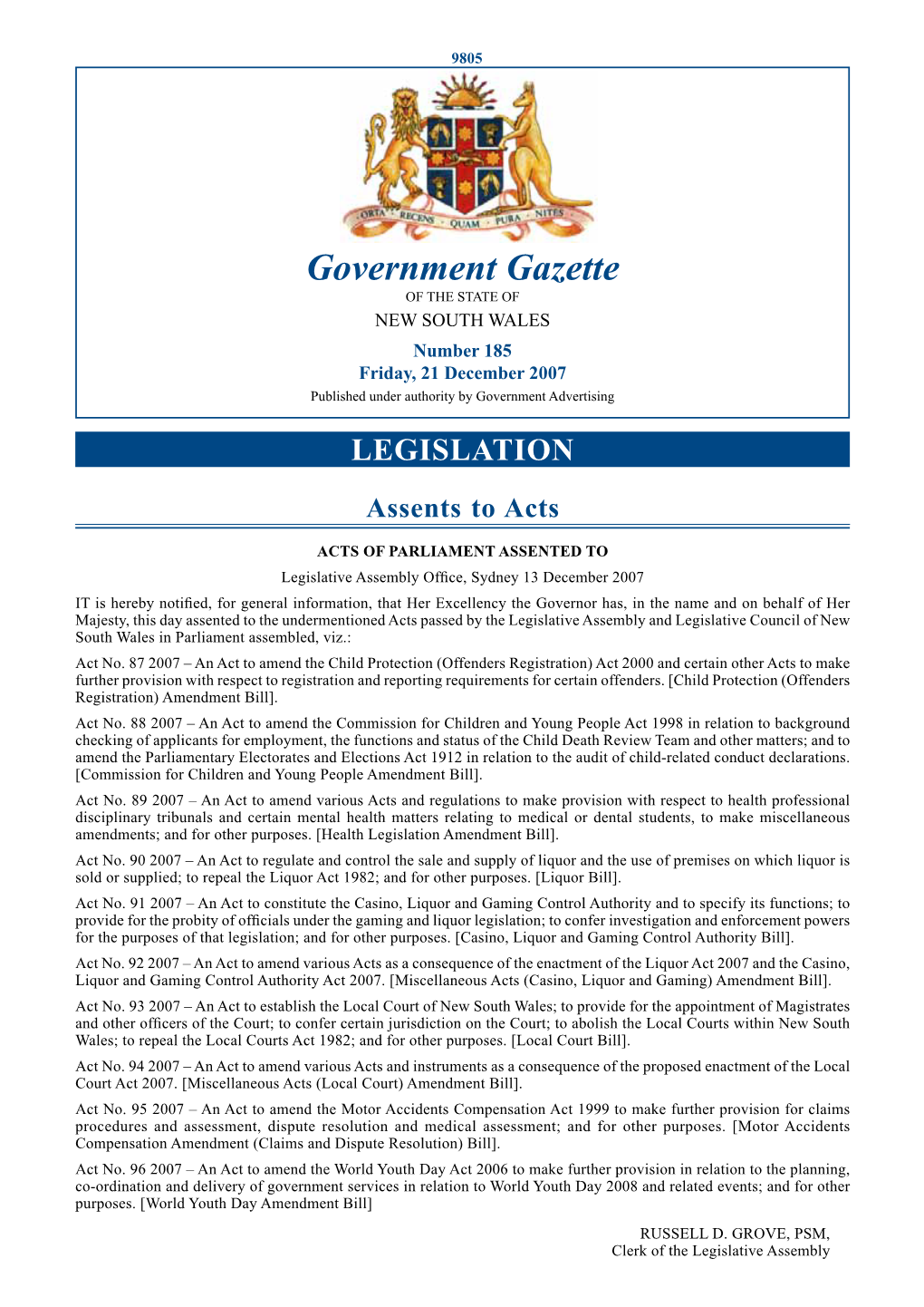 Government Gazette of the STATE of NEW SOUTH WALES Number 185 Friday, 21 December 2007 Published Under Authority by Government Advertising