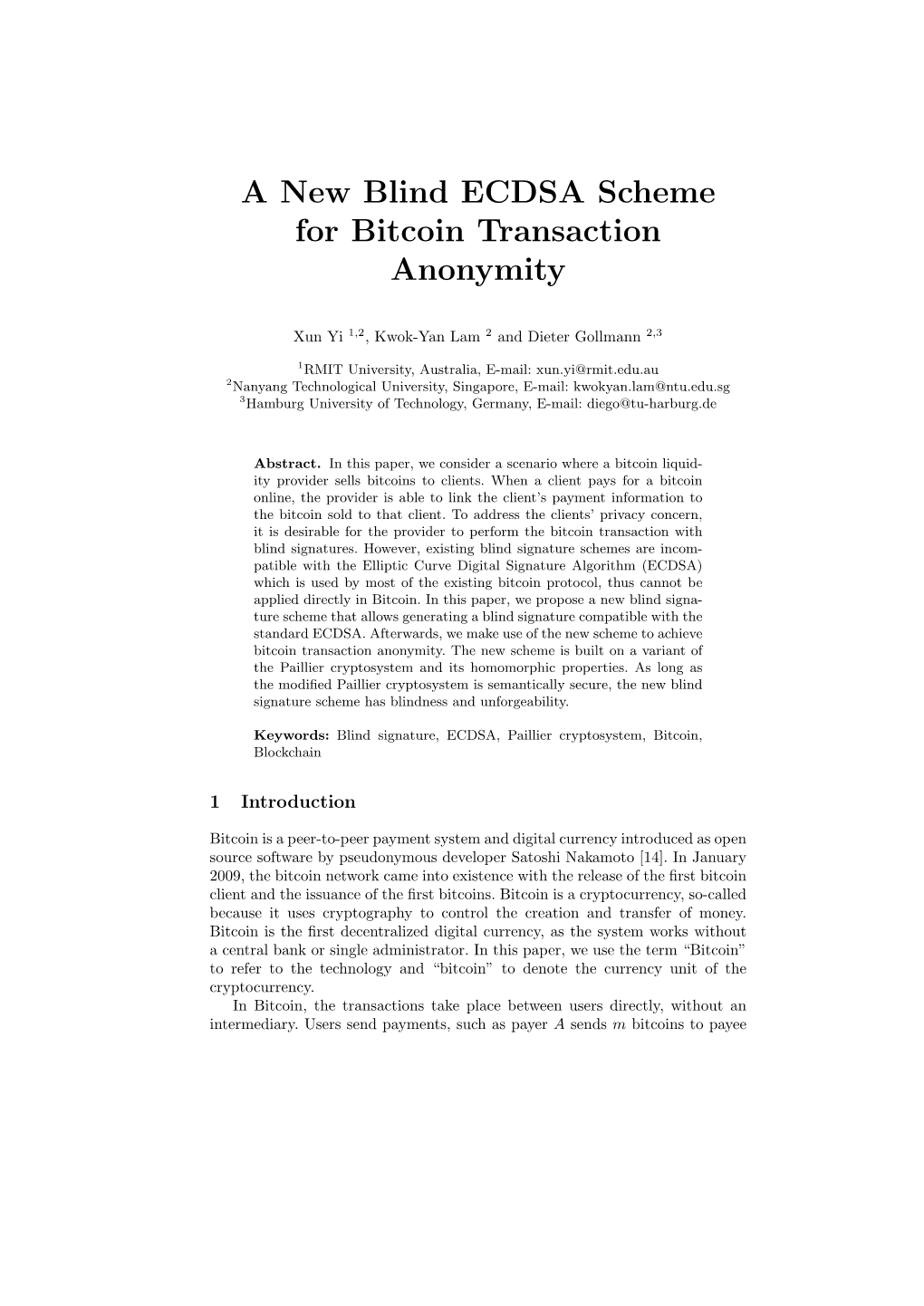 A New Blind ECDSA Scheme for Bitcoin Transaction Anonymity