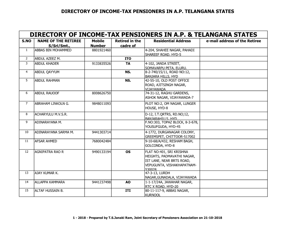 Directory of Income-Tax Pensioners in A.P. Telangana States