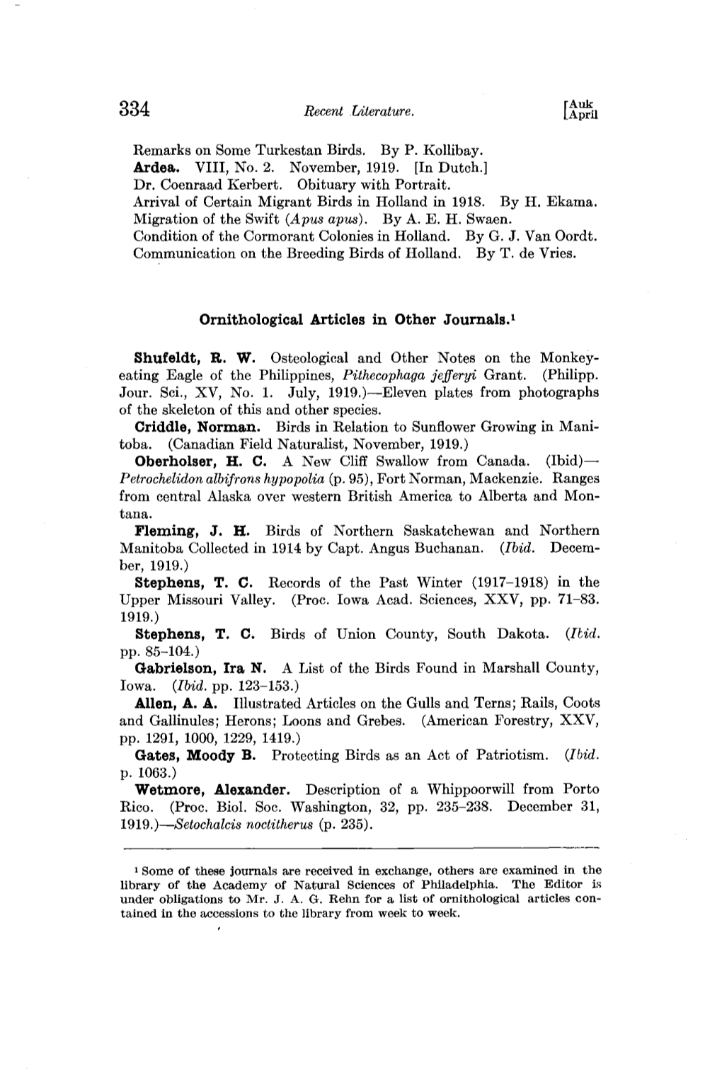 Ornithological Articles in Other Journalsj