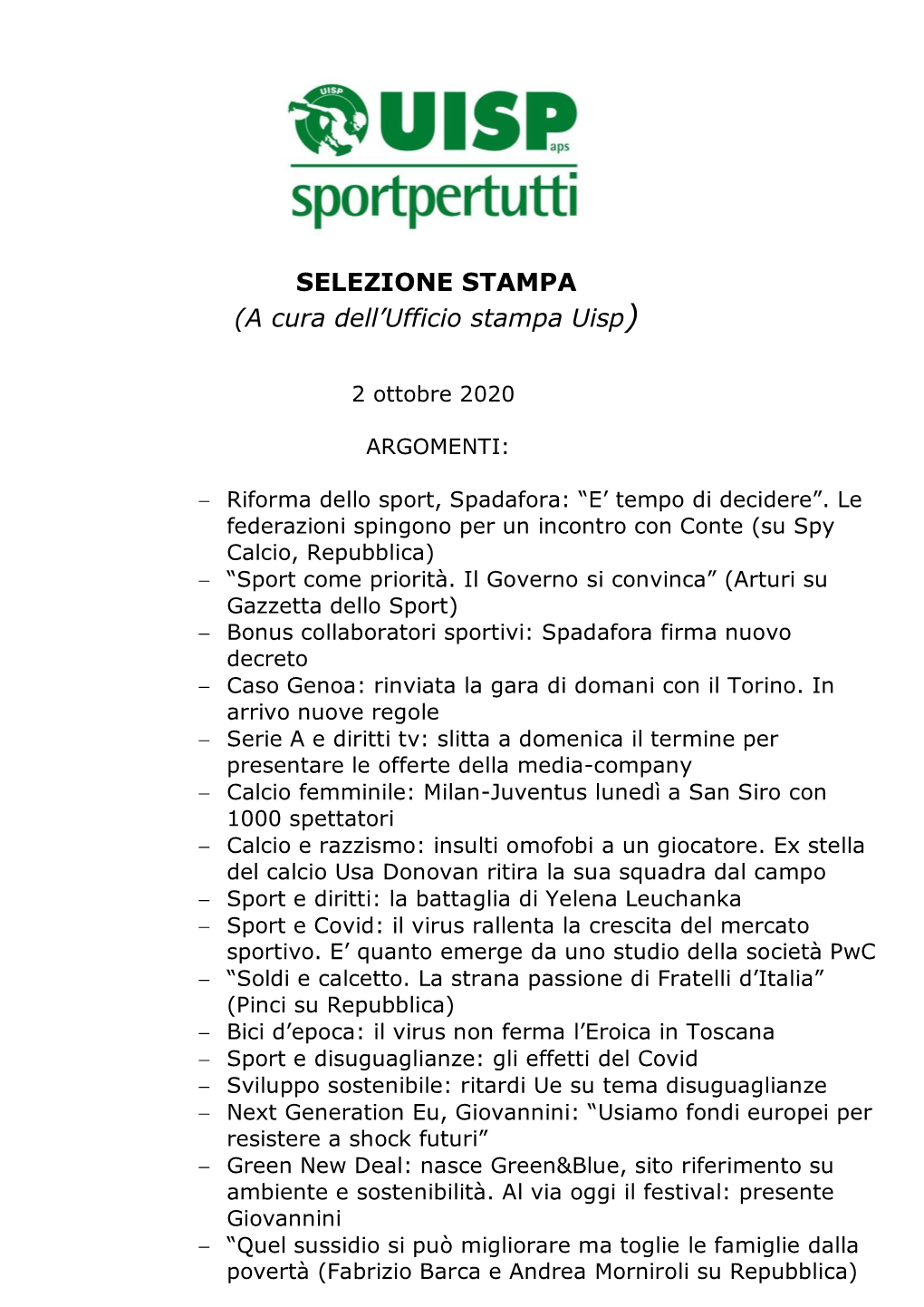 SELEZIONE STAMPA (A Cura Dell'ufficio Stampa Uisp)