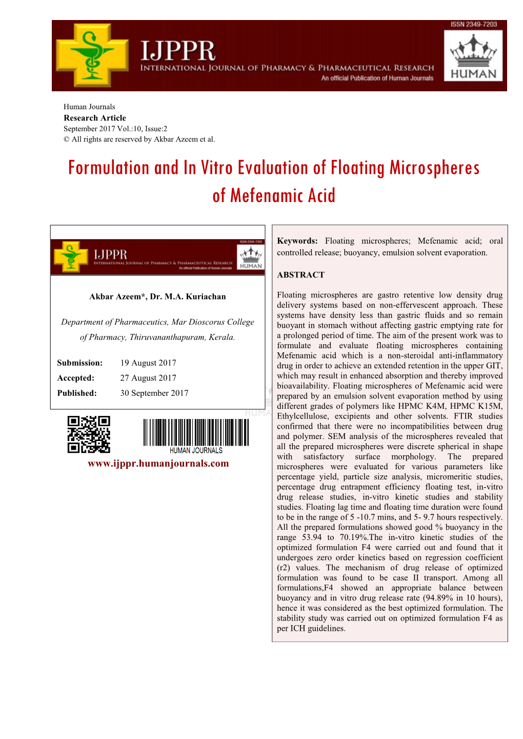 Formulation and in Vitro Evaluation of Floating Microspheres of Mefenamic Acid