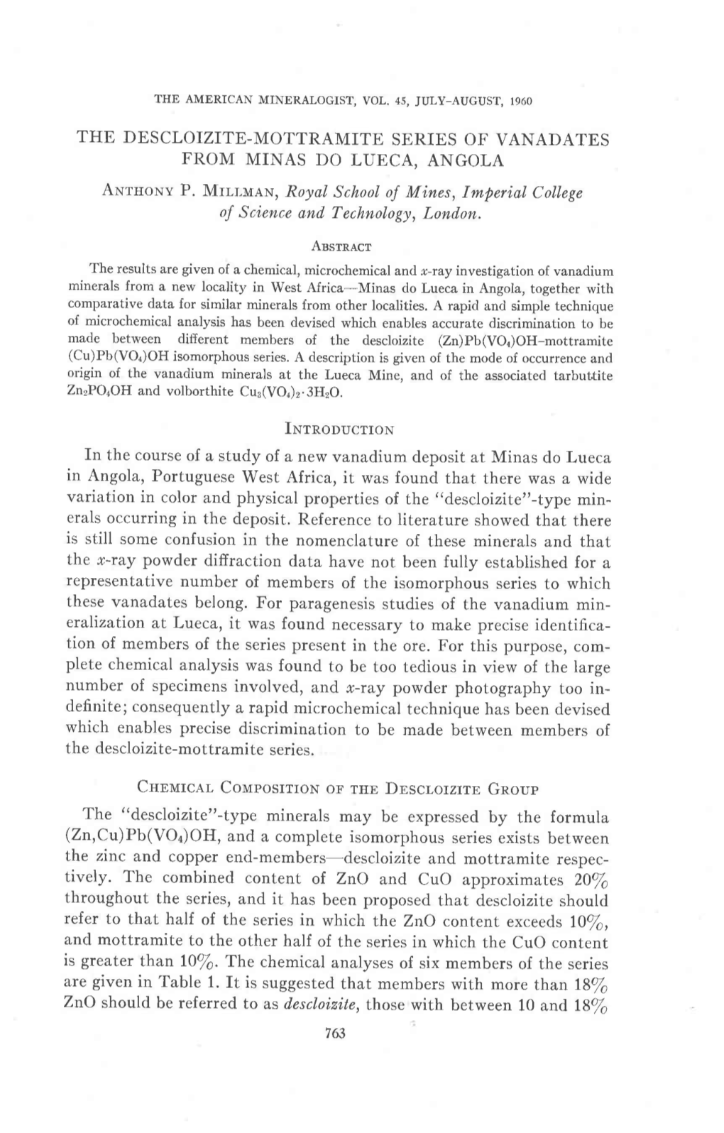 The Descloizite-Mottramite Series of Vanadates from Minas Do Lueca, Angola