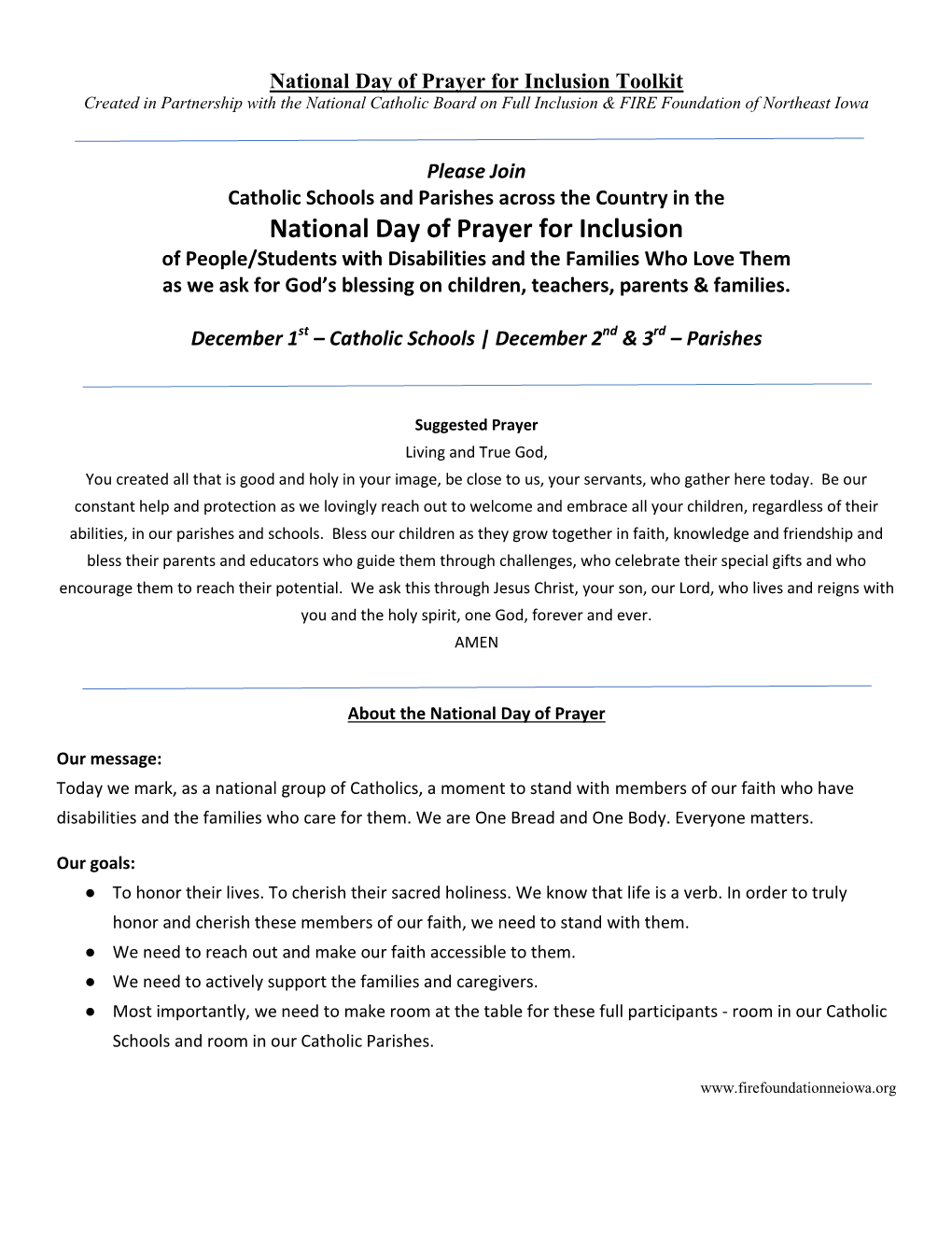 National Day of Prayer for Inclusion Toolkit Created in Partnership with the National Catholic Board on Full Inclusion & FIRE Foundation of Northeast Iowa