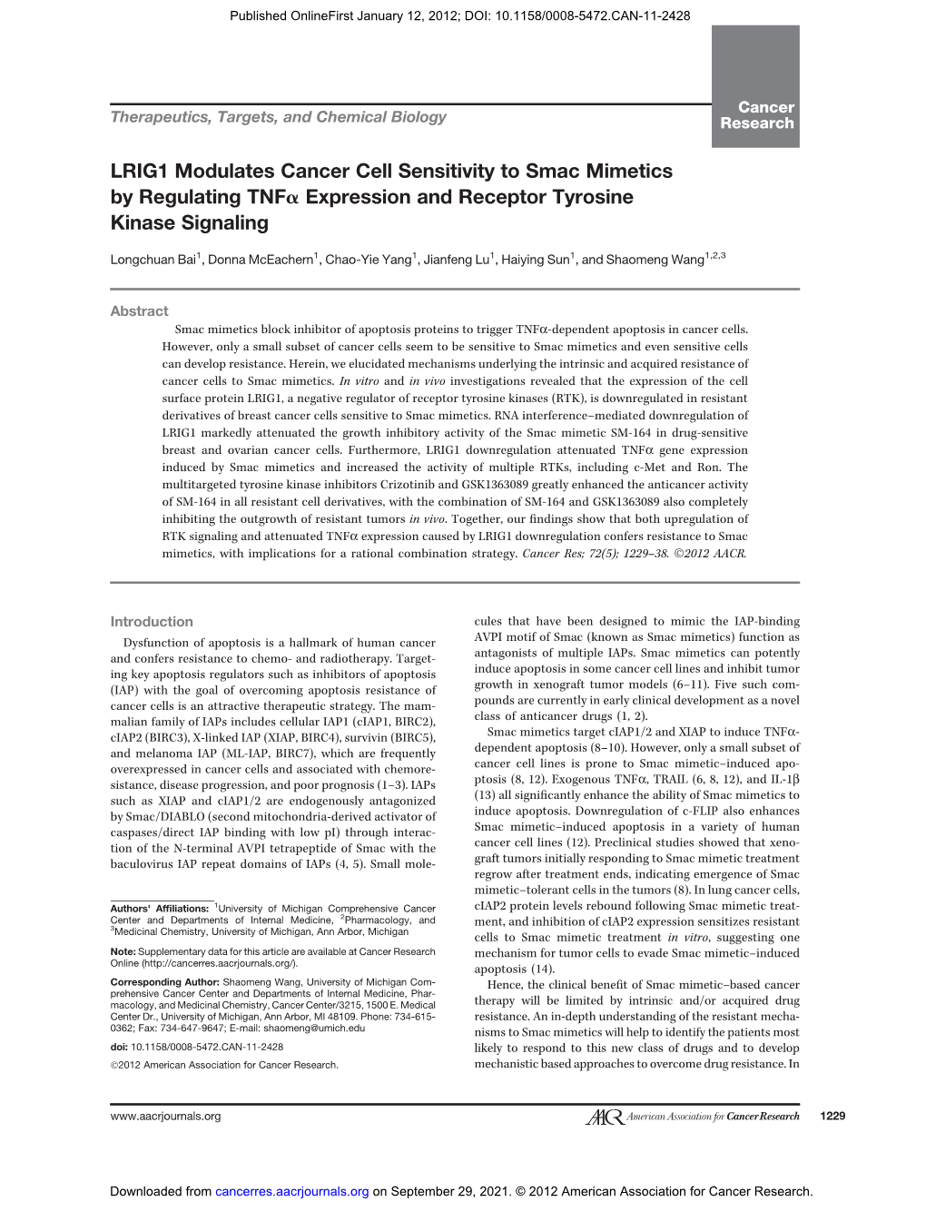 LRIG1 Modulates Cancer Cell Sensitivity to Smac Mimetics by Regulating Tnfa Expression and Receptor Tyrosine Kinase Signaling