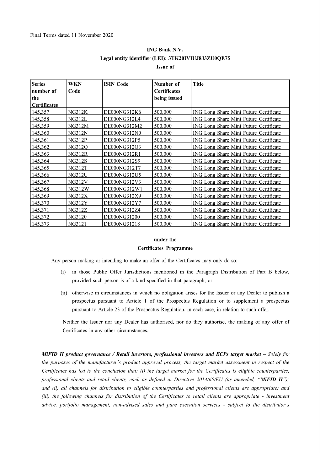 Final Terms Dated 11 November 2020 ING Bank N.V