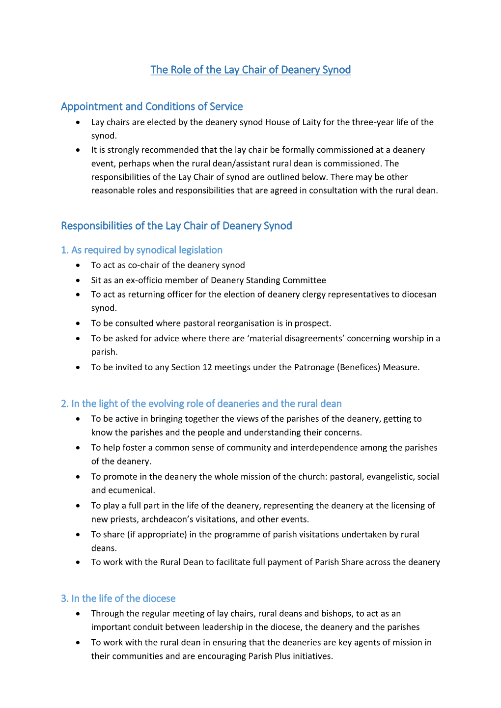 The Role of the Lay Chair of Deanery Synod Appointment and Conditions of Service Responsibilities of the Lay Chair of Deanery Sy