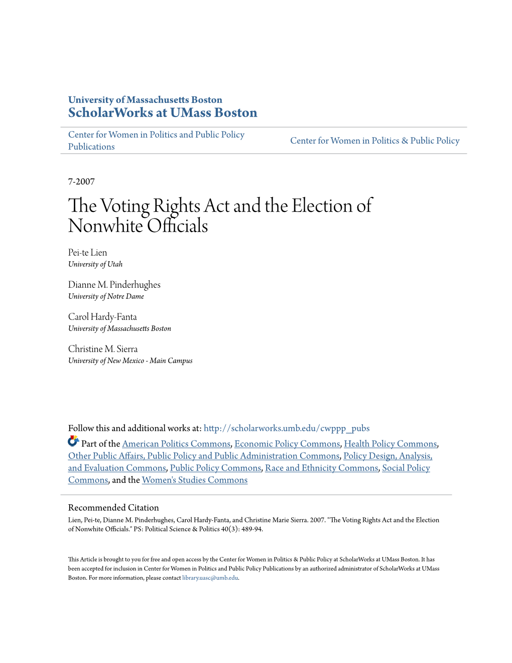 The Voting Rights Act and the Election of Nonwhite Officials