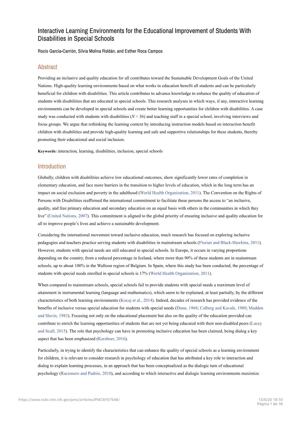 Interactive Learning Environments for the Educational Improvement of Students with Disabilities in Special Schools