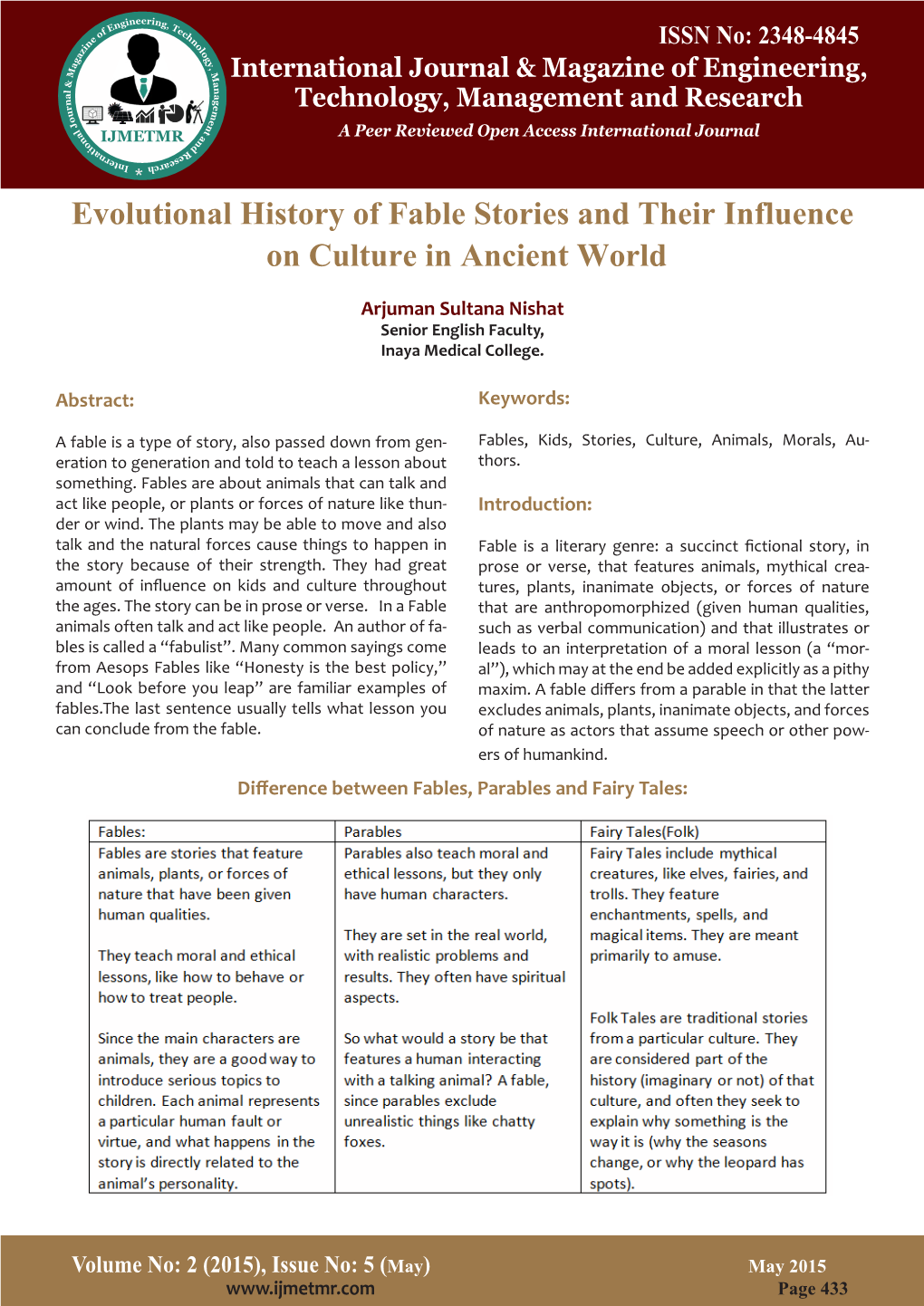 Evolutional History of Fable Stories and Their Influence on Culture in Ancient World Arjuman Sultana Nishat Senior English Faculty, Inaya Medical College