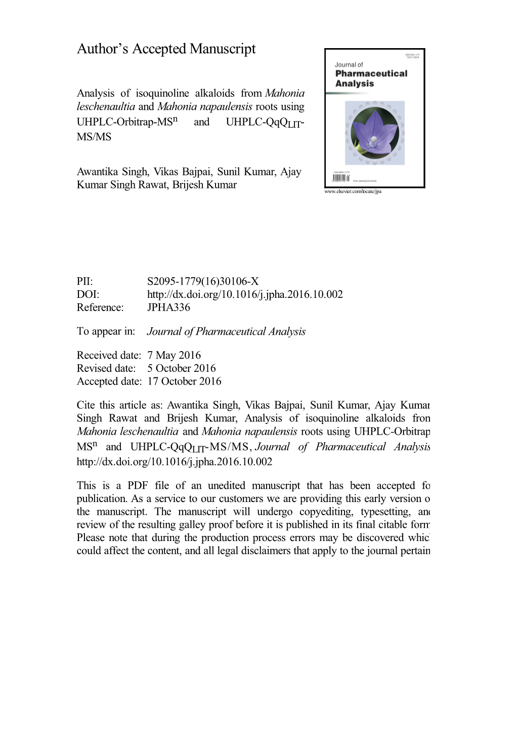 Analysis of Isoquinoline Alkaloids from Mahonia Leschenaultia and Mahonia Napaulensis Roots Using N UHPLC-Orbitrap-MS and UHPLC-Qqqlit- MS/MS