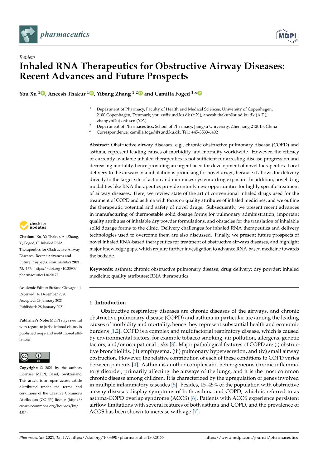 Inhaled RNA Therapeutics for Obstructive Airway Diseases: Recent Advances and Future Prospects