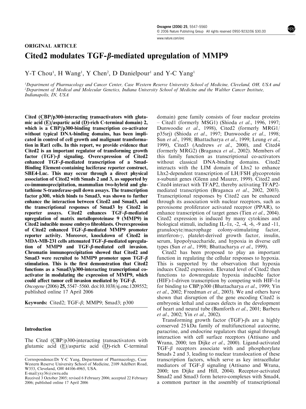 Cited2 Modulates TGF-B-Mediated Upregulation of MMP9