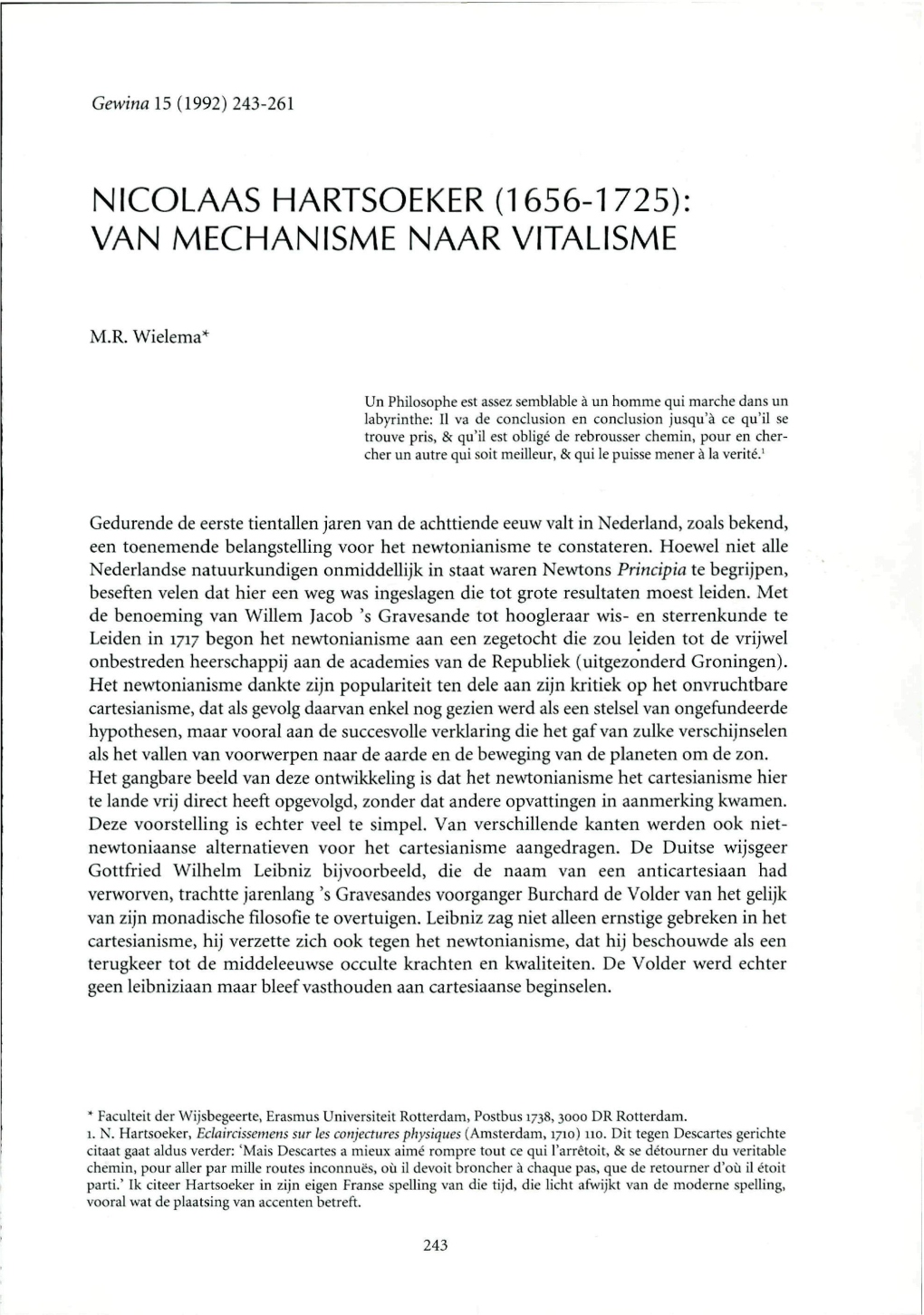 Nicolaas Hartsoeker (1656-1725): Van Mechanisme Naar Vitalisme