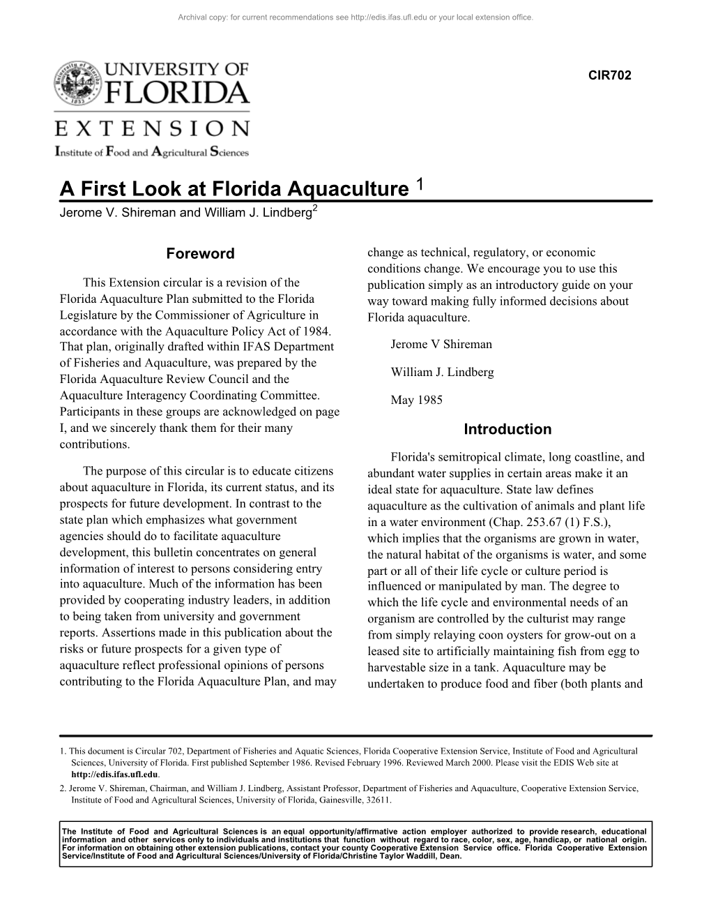 A First Look at Florida Aquaculture 1 Jerome V
