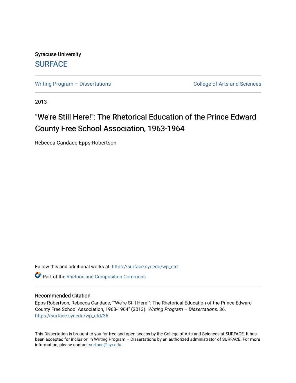 "We're Still Here!": the Rhetorical Education of the Prince Edward County Free School Association, 1963-1964