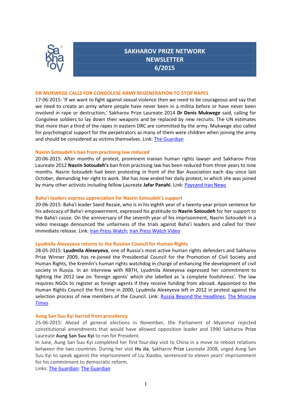 Sakharov Prize Network Newsletter 6/2015