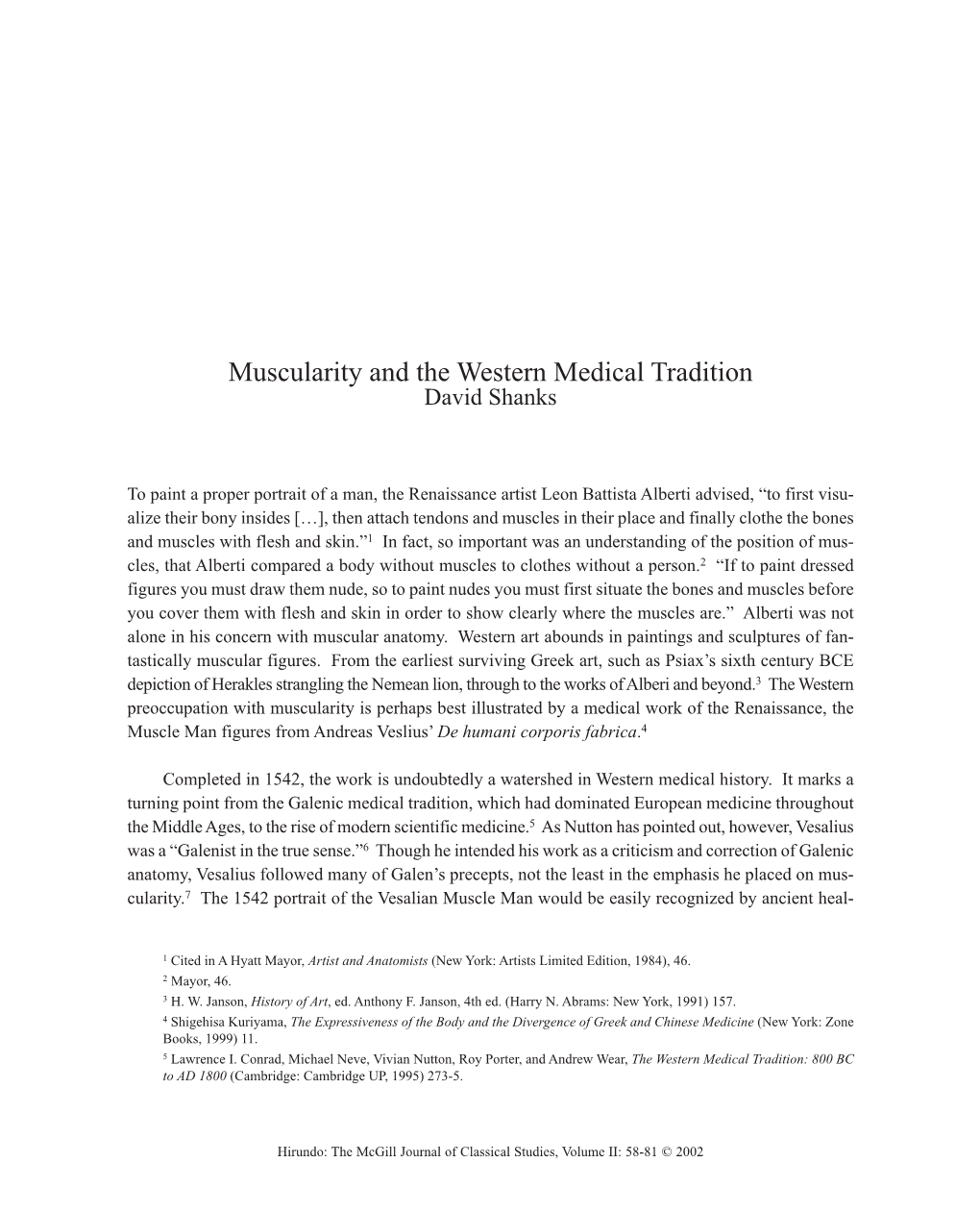 Muscularity and the Western Medical Tradition David Shanks