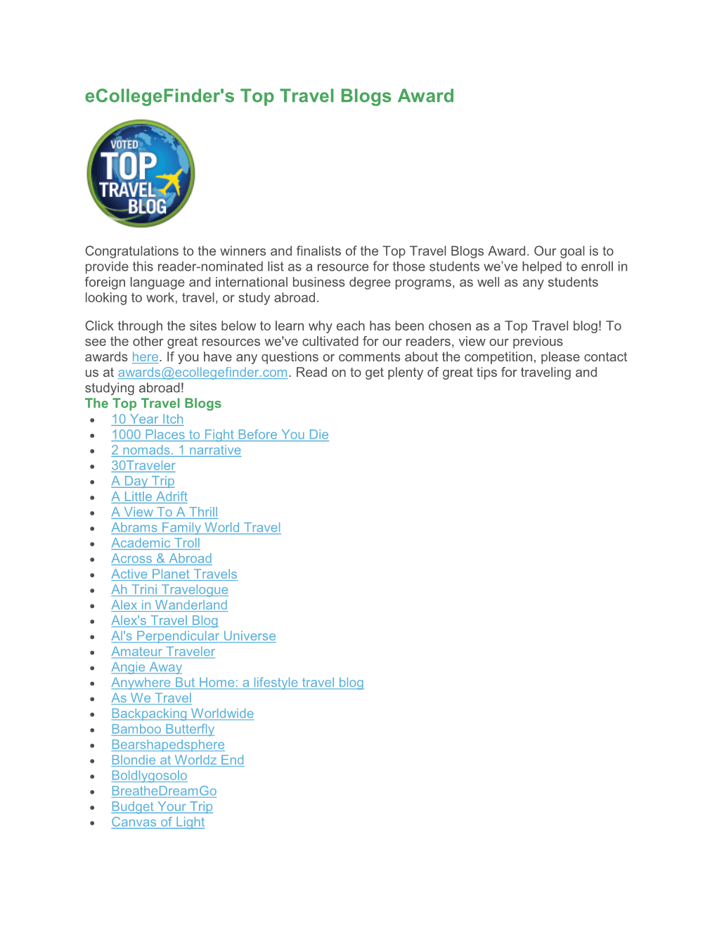 Ecollegefinder's Top Travel Blogs Award