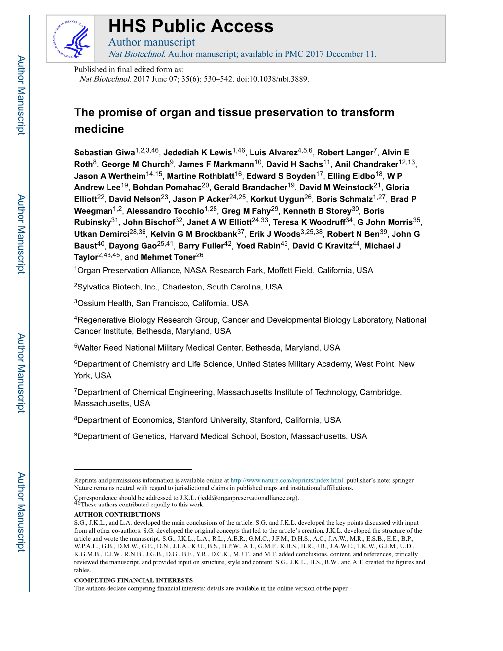 The Promise of Organ and Tissue Preservation to Transform Medicine