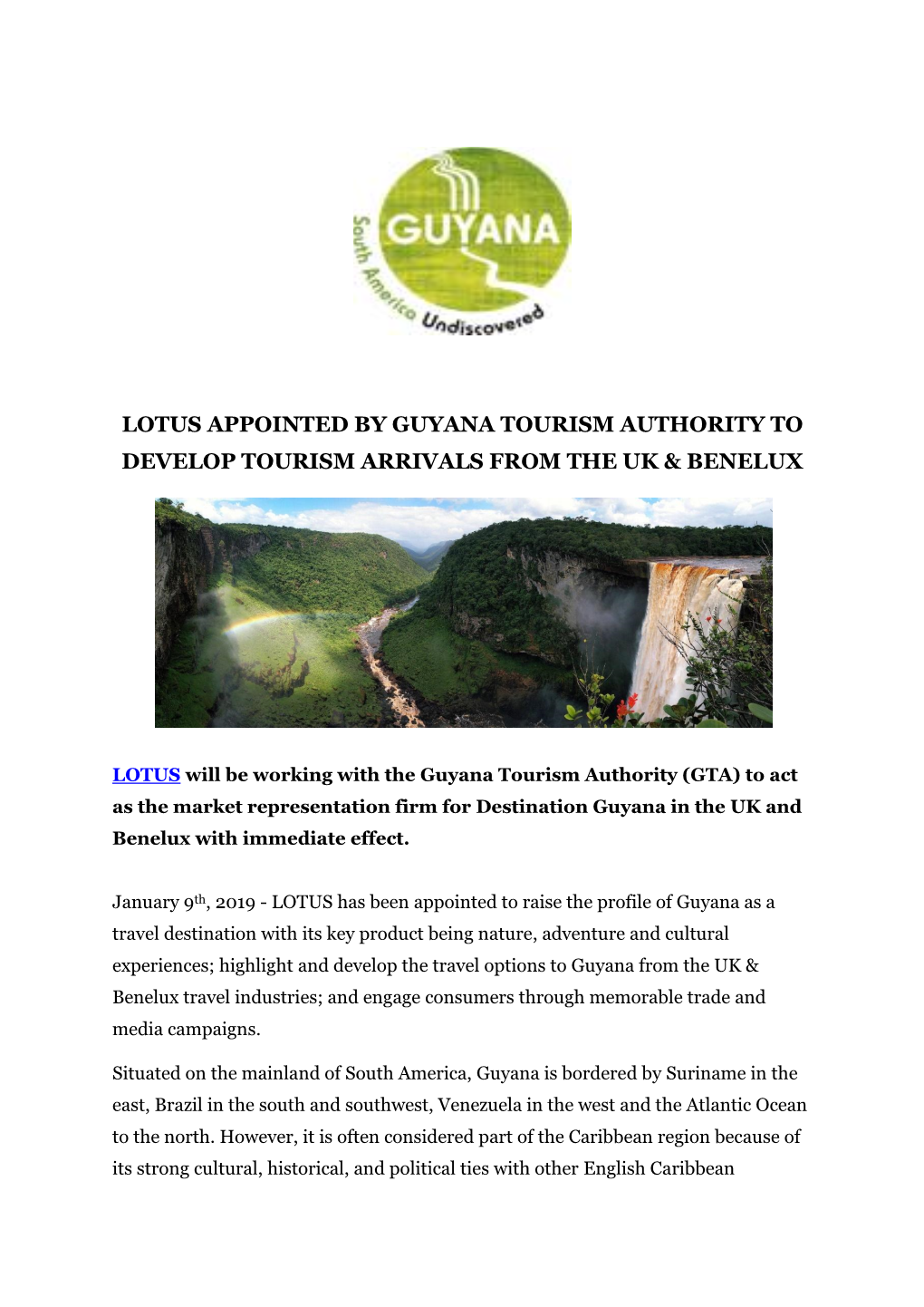Lotus Appointed by Guyana Tourism Authority to Develop Tourism Arrivals from the Uk & Benelux