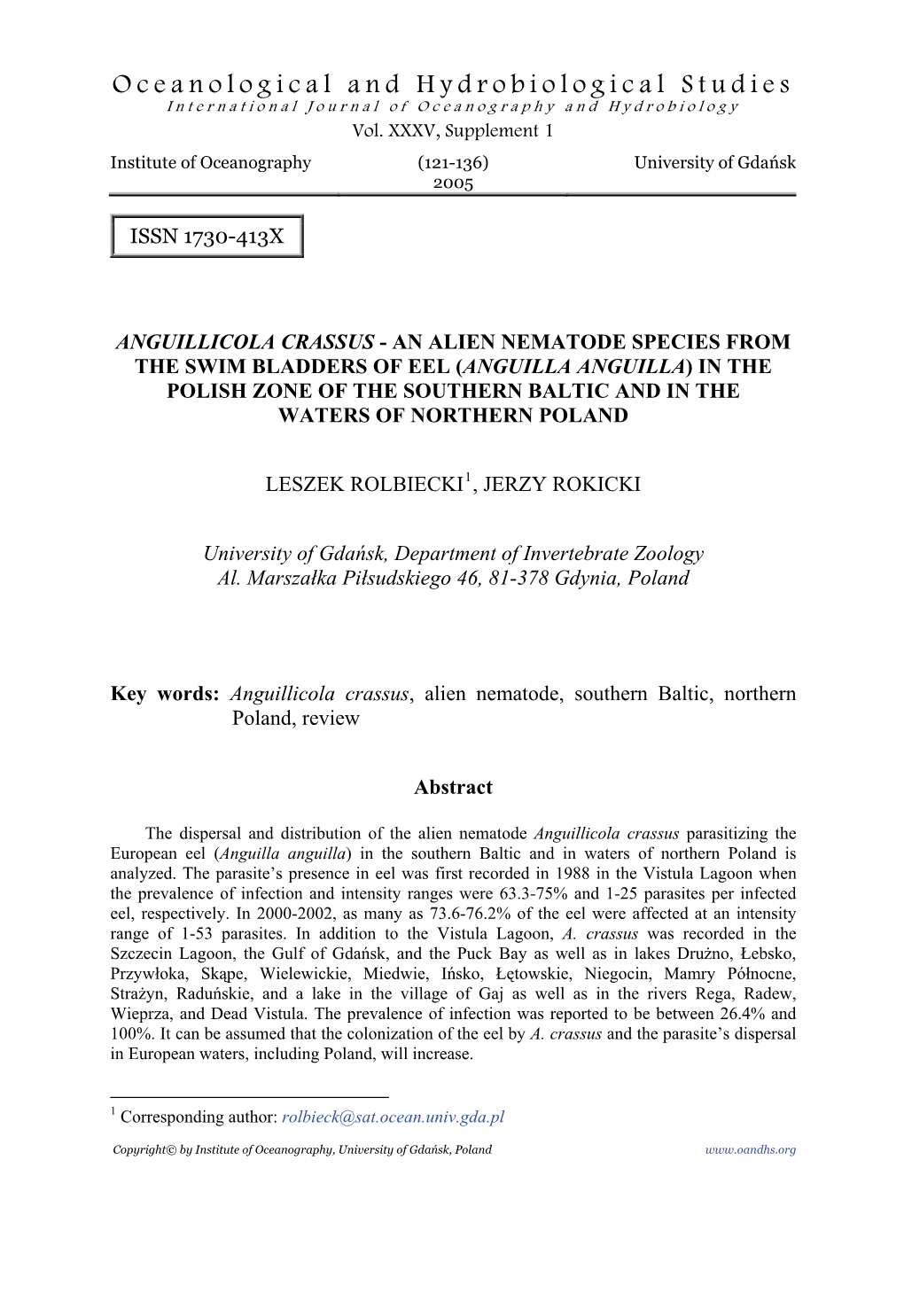 Oceanological and Hydrobiological Studies International Journal of Oceanography and Hydrobiology Vol