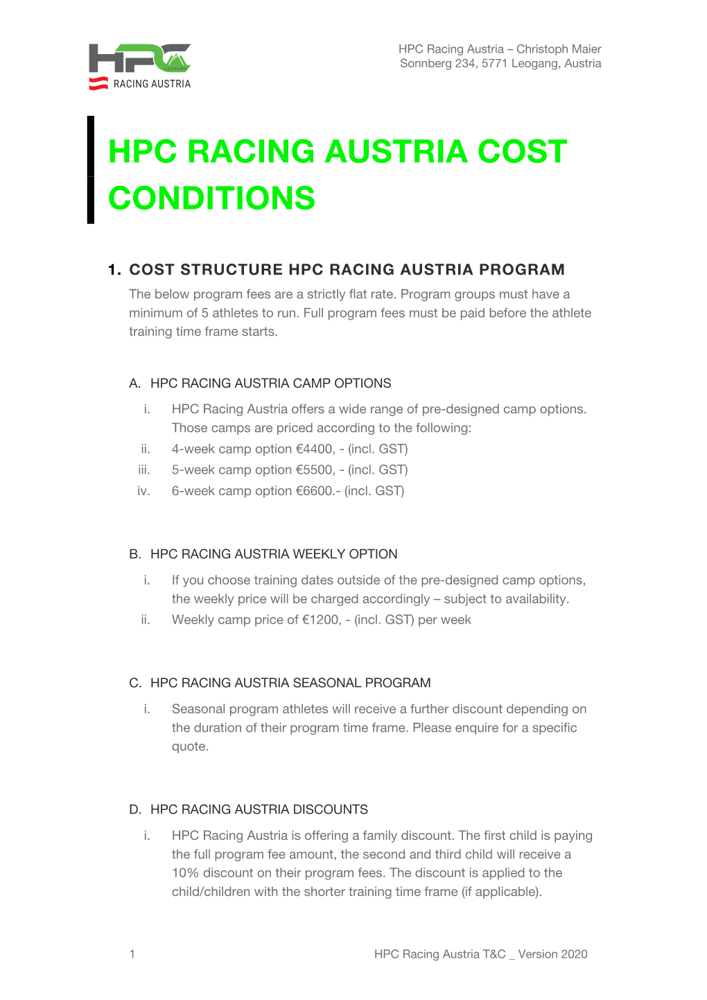 Hpc Racing Austria Cost Conditions