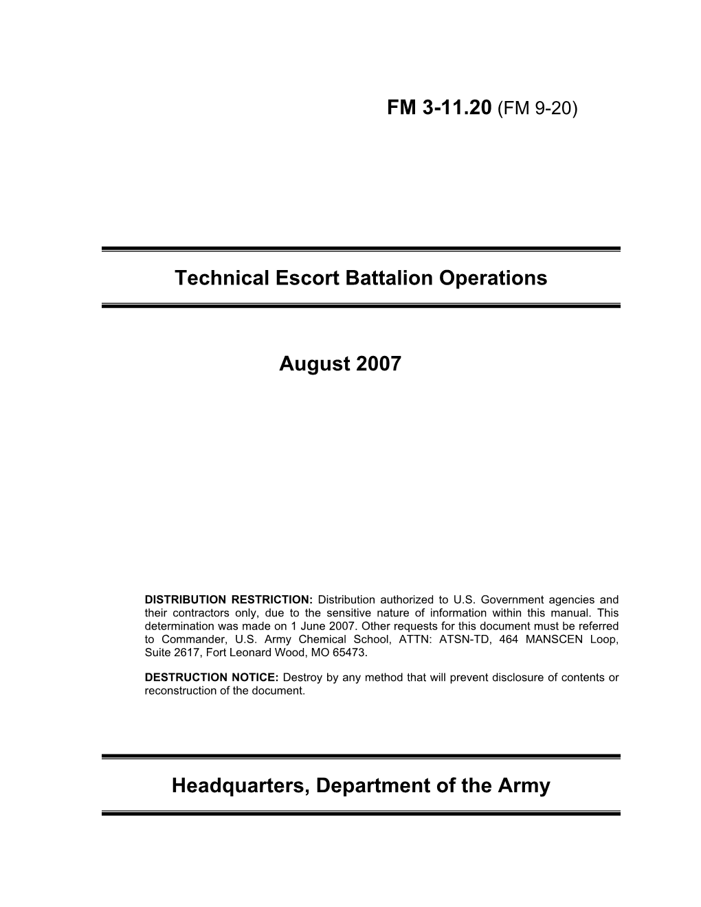 FM 3-11.20 (FM 9-20) Technical Escort Battalion Operations August