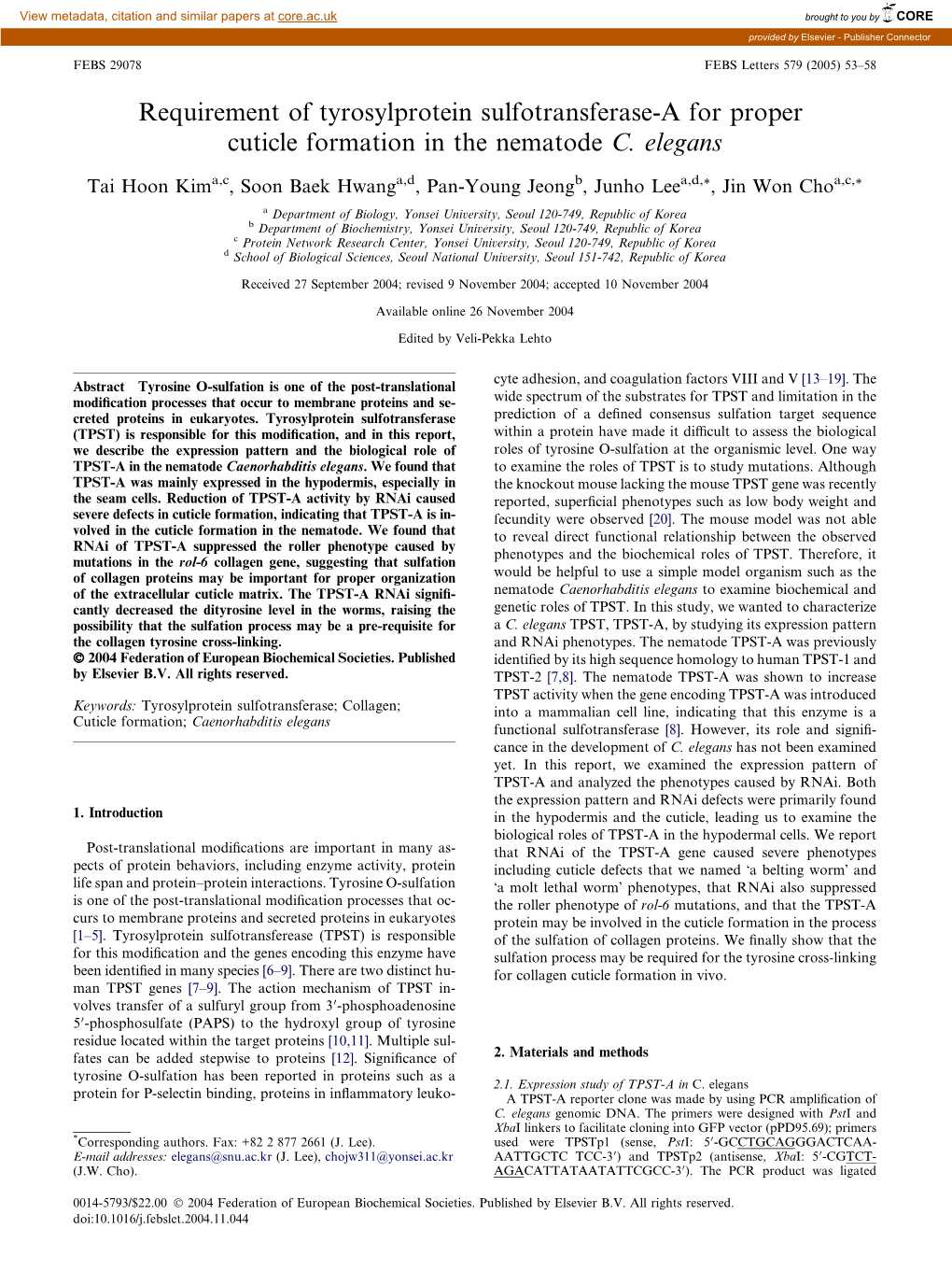 Requirement of Tyrosylprotein Sulfotransferase-A for Proper Cuticle Formation in the Nematode C