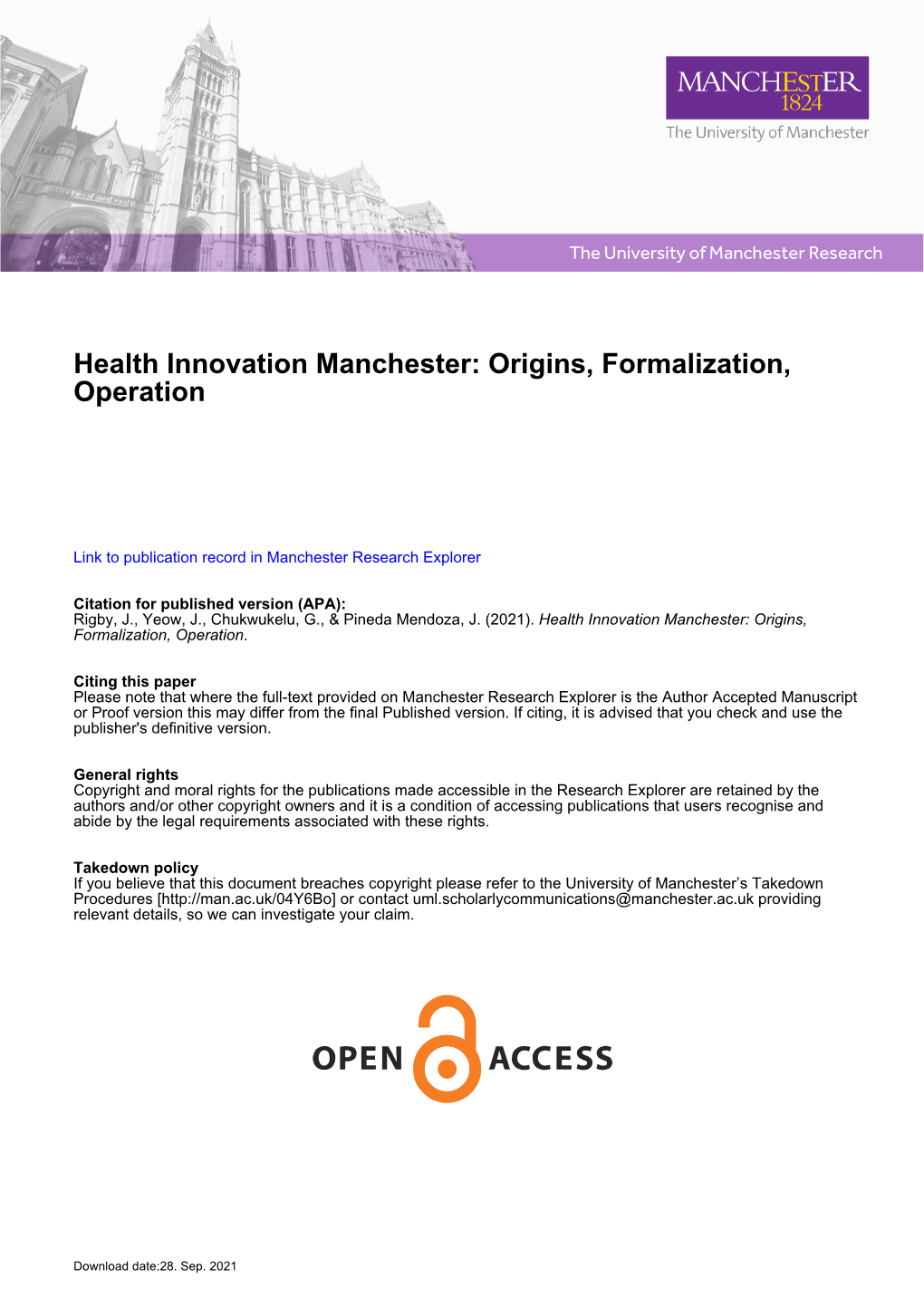 Health Innovation Manchester: Origins, Formalization, Operation