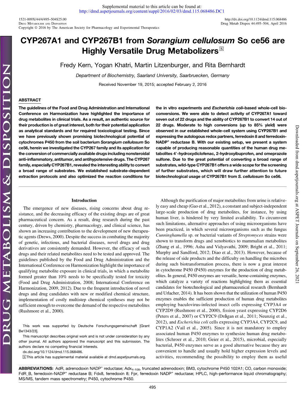 CYP267A1 and CYP267B1 from Sorangium Cellulosum So Ce56 Are Highly Versatile Drug Metabolizers S