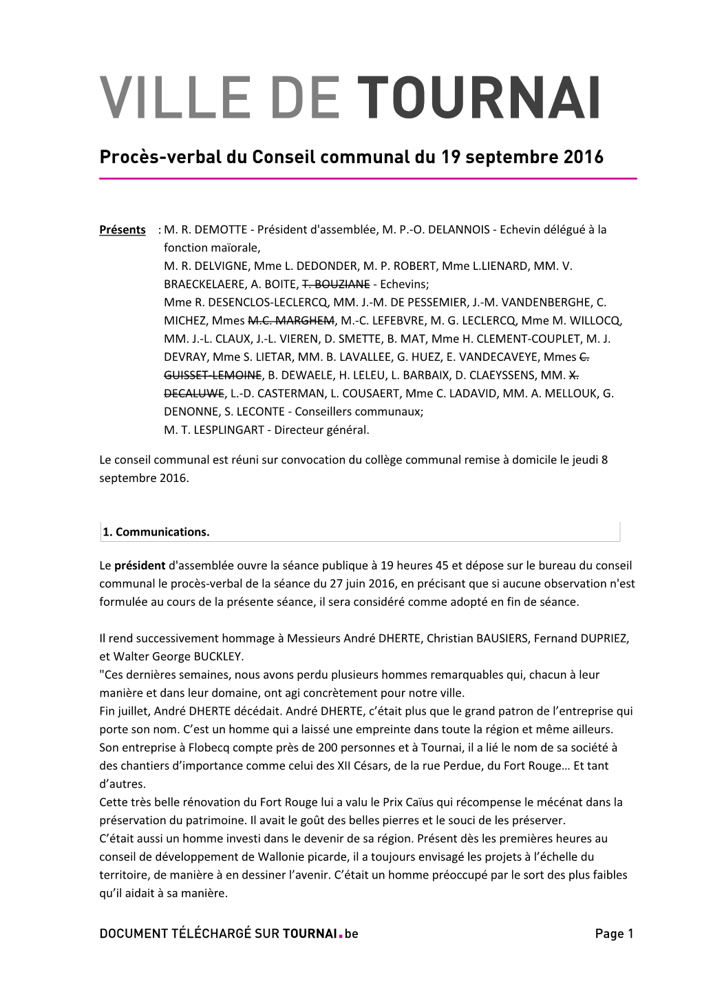 VILLE DE TOURNAI Procès-Verbal Du Conseil Communal Du 19 Septembre 2016