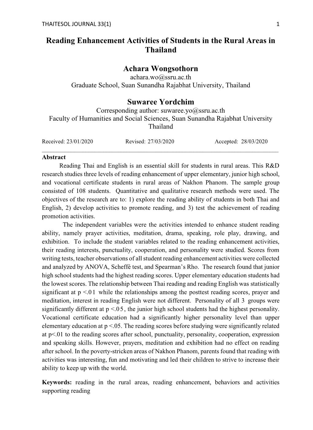 Reading Enhancement Activities of Students in the Rural Areas in Thailand