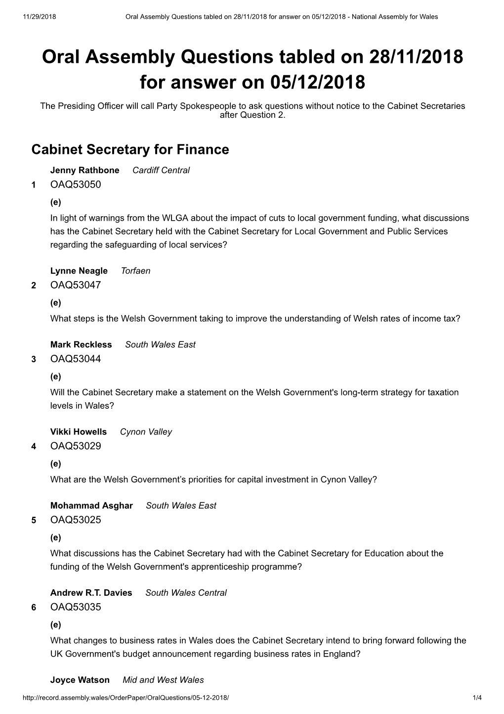 Oral Assembly Questions Tabled on 28/11/2018 for Answer on 05/12/2018 - National Assembly for Wales