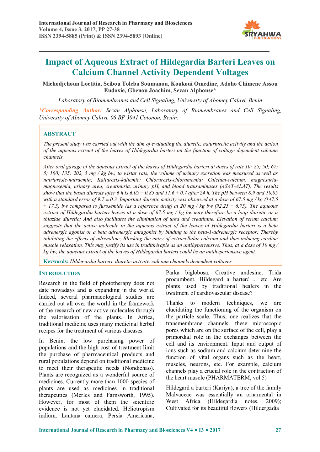 Impact of Aqueous Extract of Hildegardia Barteri Leaves on Calcium Channel Activity Dependent Voltages