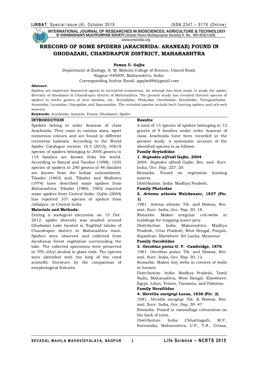 Rrecord of Some Spiders (Arachnida: Araneae) Found in Ghodazari, Chandrapur District, Maharashtra