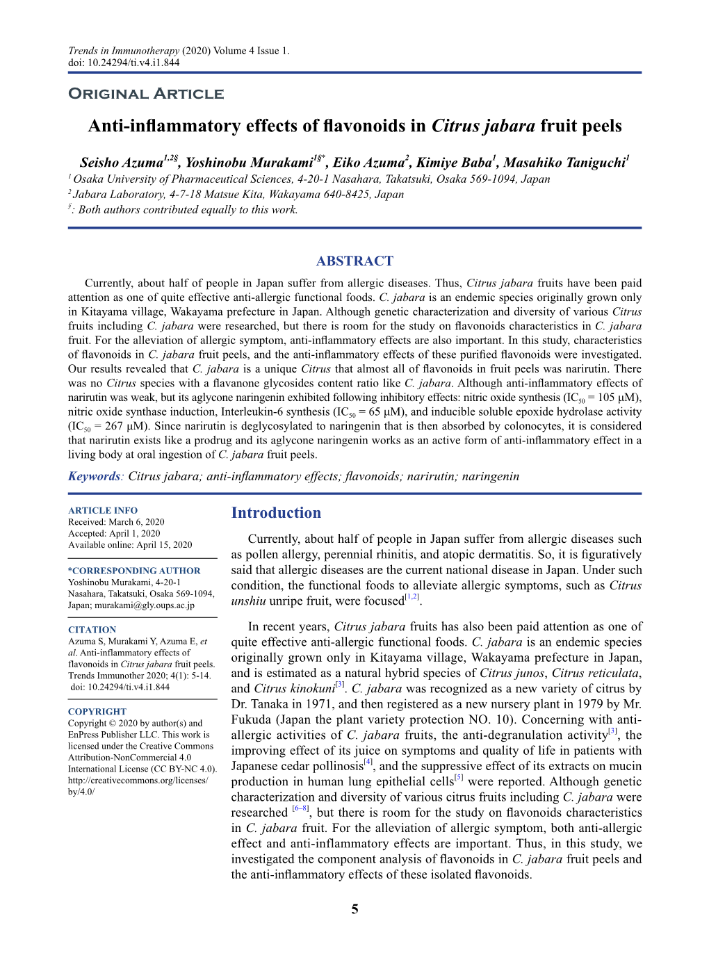 Anti-Inflammatory Effects of Flavonoids in Citrus Jabara Fruit Peels