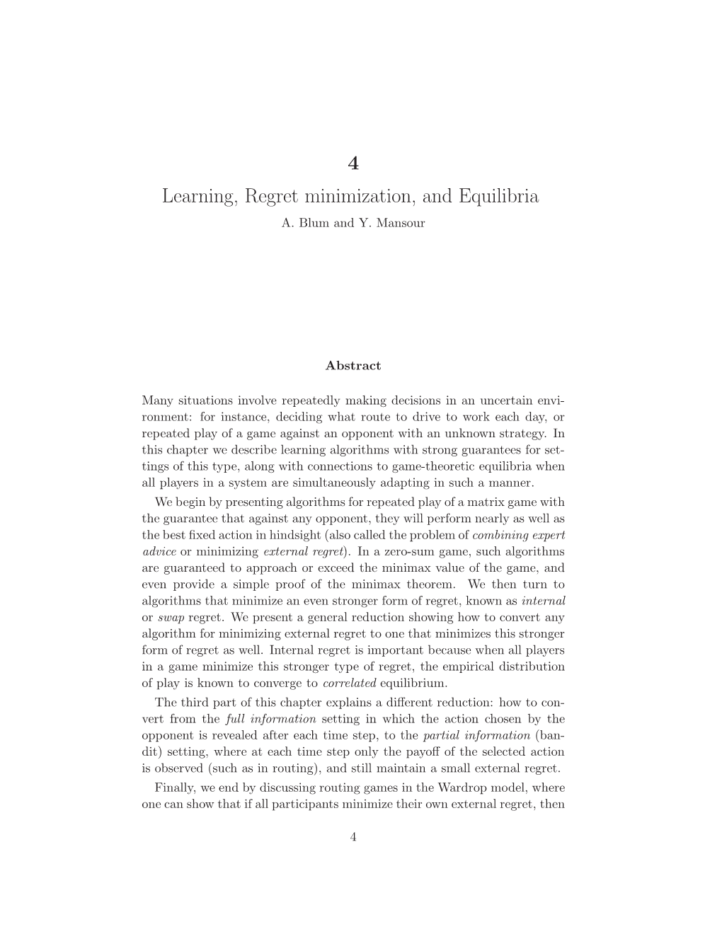 4 Learning, Regret Minimization, and Equilibria A