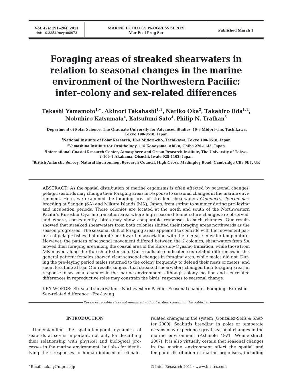 Foraging Areas of Streaked Shearwaters in Relation to Seasonal Changes in the Marine Environment of the Northwestern Pacific: Inter-Colony and Sex-Related Differences