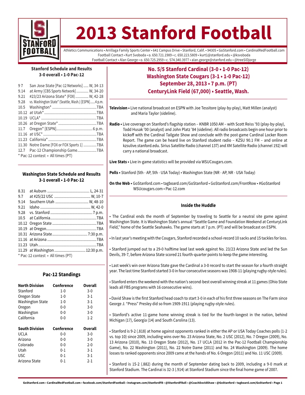 2013 Stanford Football Athletics Communications • Arrillaga Family Sports Center • 641 Campus Drive • Stanford, Calif